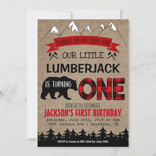 Lumberjack Boys First Birthday Invitation (Front)