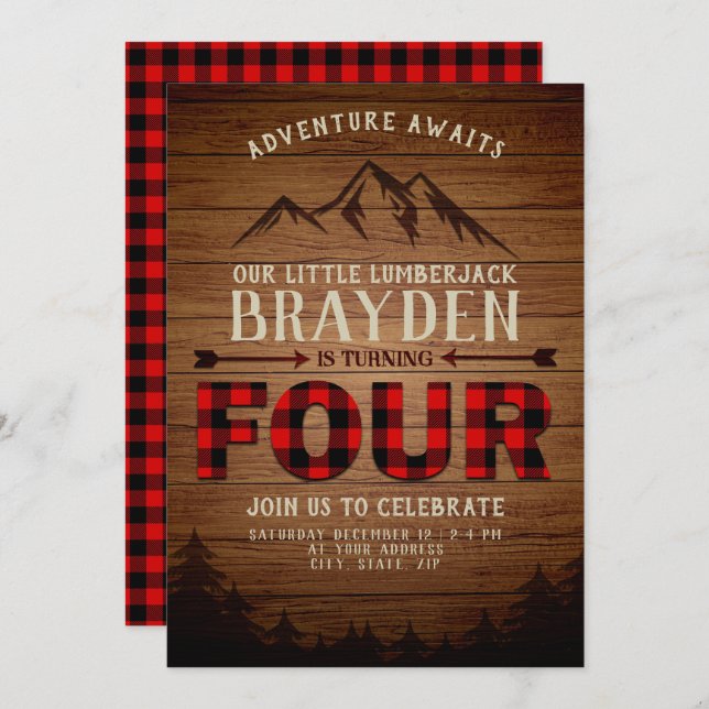 Lumberjack Buffalo Plaid Fourth Birthday Invitation (Front/Back)