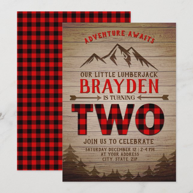 Lumberjack Buffalo Plaid Outdoor Second Birthday Invitation (Front/Back)