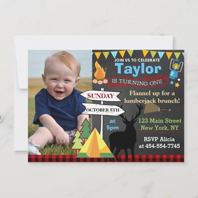 Lumberjack Camping first birthday party invitation (Front)