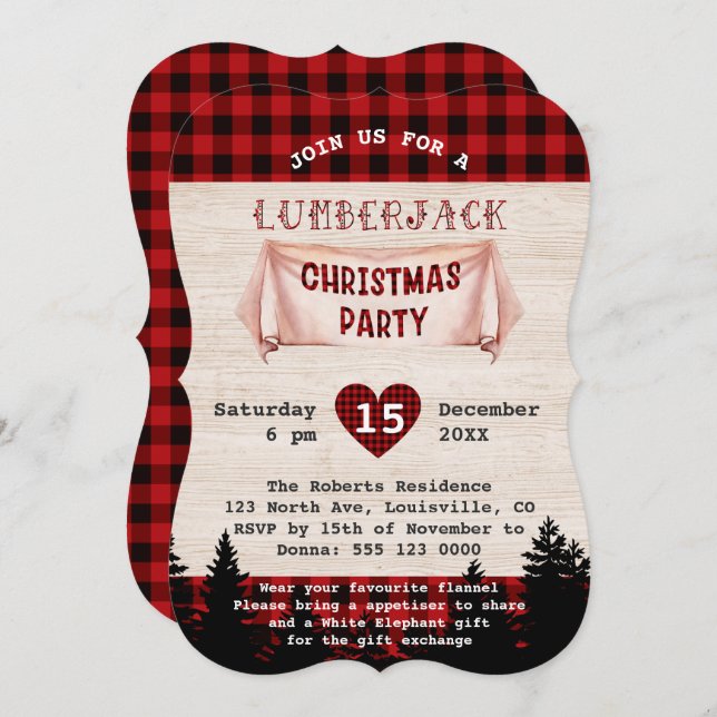 Lumberjack Christmas Party Red Buffalo Wood Invitation (Front/Back)