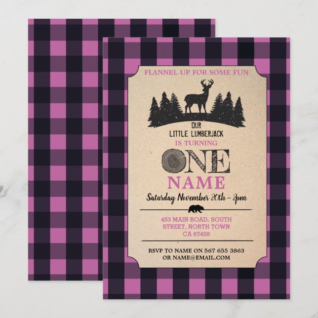 Lumberjack First Birthday ONE Pink Flannel Invite (Front/Back)