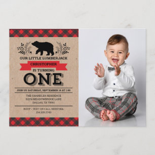 Lumberjack First Birthday Party Rustic Boy Photo Invitation