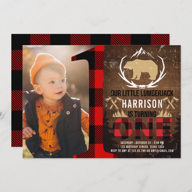 Lumberjack First Birthday Wood Plaid Photo Invitation (Front/Back)