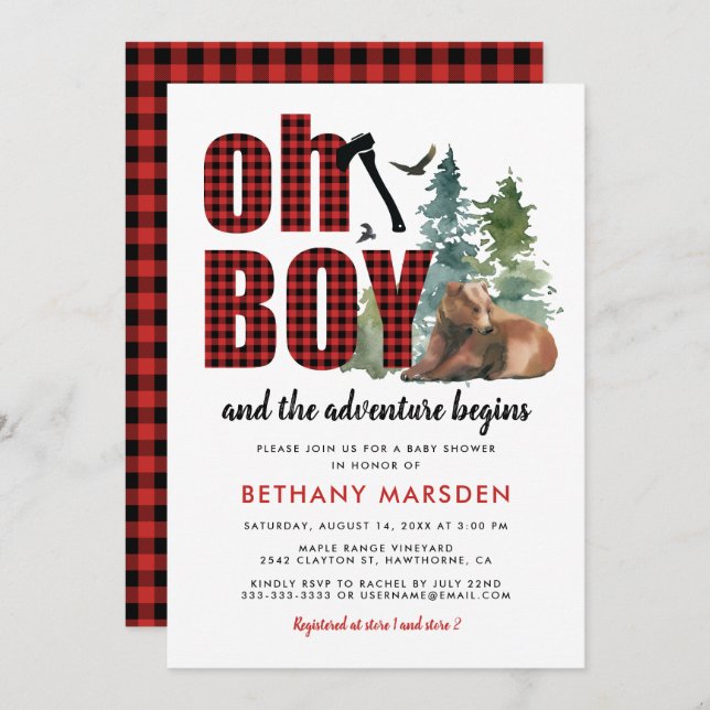 Lumberjack Flannel Bear Boy Baby Shower Invitation (Front/Back)