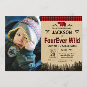Lumberjack FourEver Wild Birthday Bear Woodland Invitation