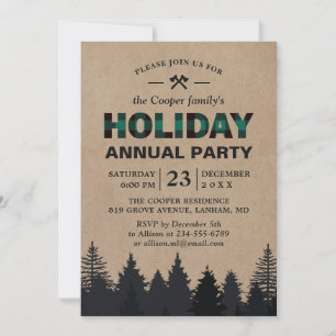 Lumberjack Green Buffalo Plaid Pines Holiday Party Invitation