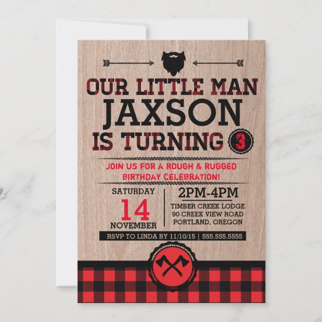 Lumberjack kids birthday, plaid rustic little man invitation (Front)