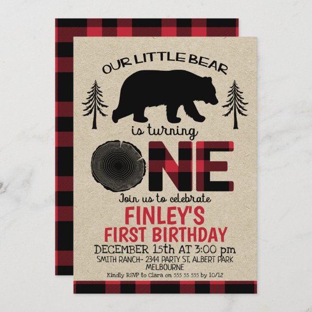 Lumberjack little Bear 1st Birthday Invitation (Front/Back)