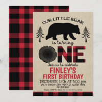 Lumberjack little Bear 1st Birthday Invitation