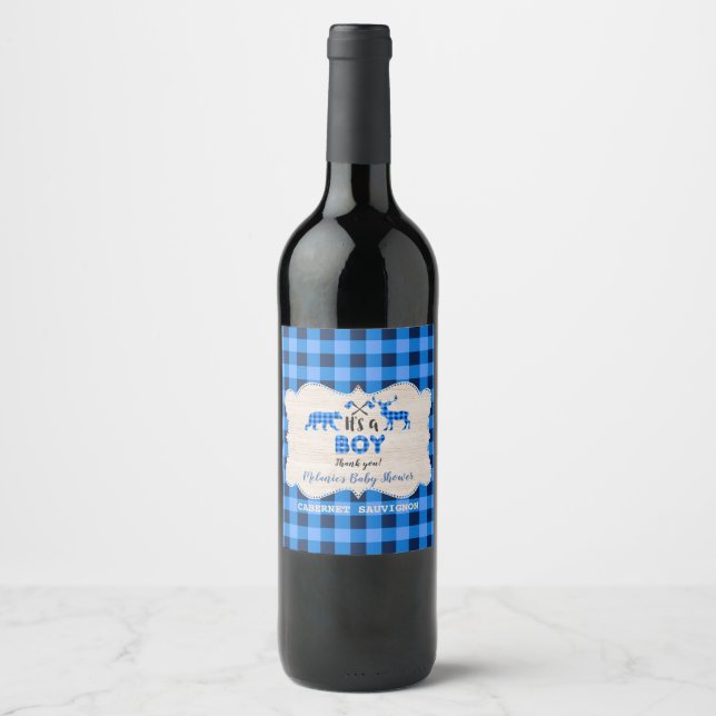 Lumberjack Little Hunter Blue Plaid Baby Shower Wine Label (Front)