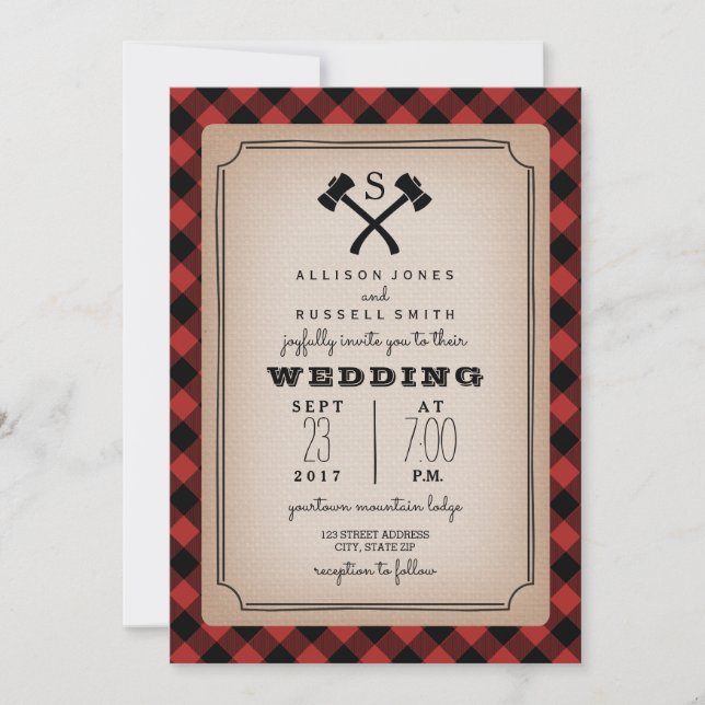 Lumberjack Monogram Axe Buffalo Plaid Wedding Invitation (Front)