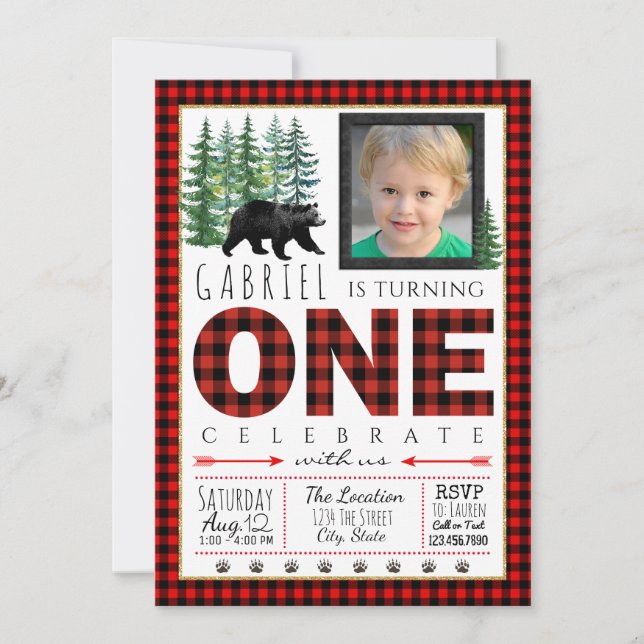 Lumberjack Photo First Birthday Party Invitation (Front)