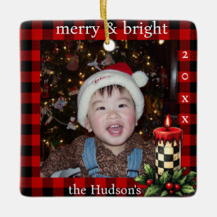 Lumberjack Plaid and Holiday Candle Photo Ornament