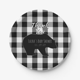 Lumberjack Plaid B&W Woodland Boy Baby Shower Paper Plate
