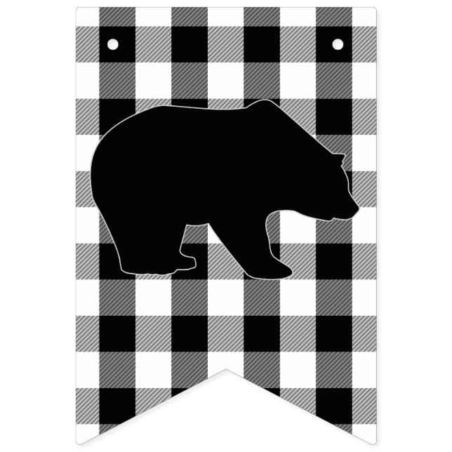 Lumberjack Plaid Bear Black White Birthday Party Bunting (First Flag)