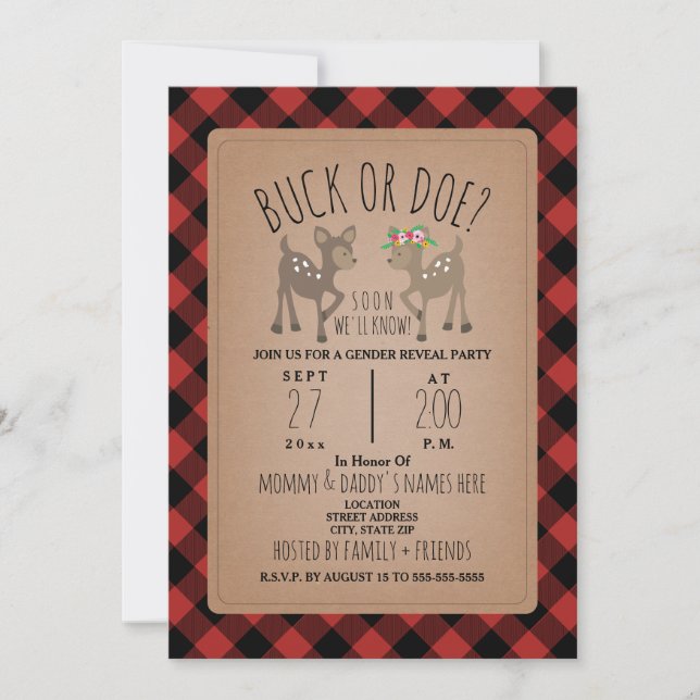 Lumberjack Plaid Deer Deer Gender Reveal Invitation (Front)