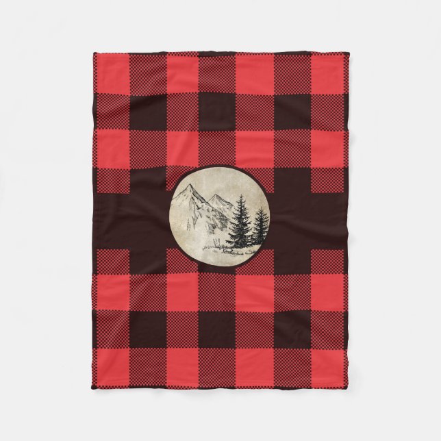 Lumberjack Plaid Fleece Blanket Mountain and Trees (Front)