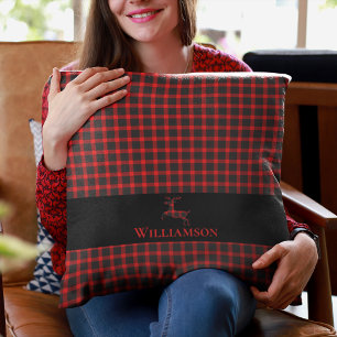Lumberjack Plaid Monogram Deer Red Black Cushion