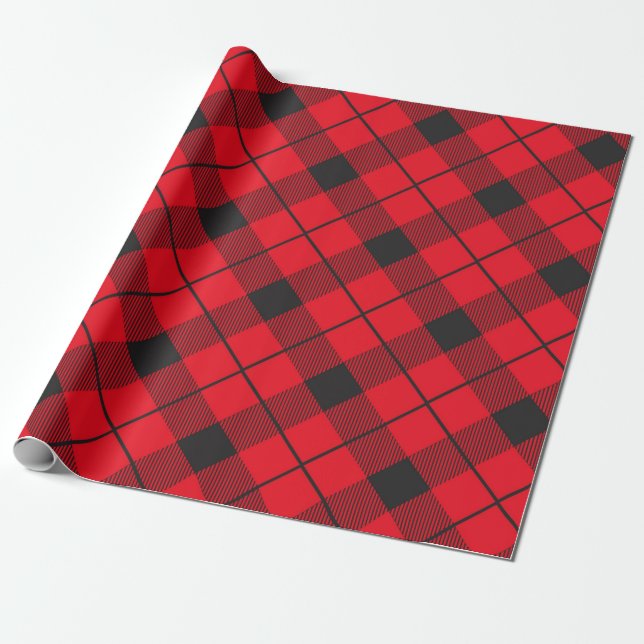 Lumberjack red and black  plaid wrapping paper (Unrolled)