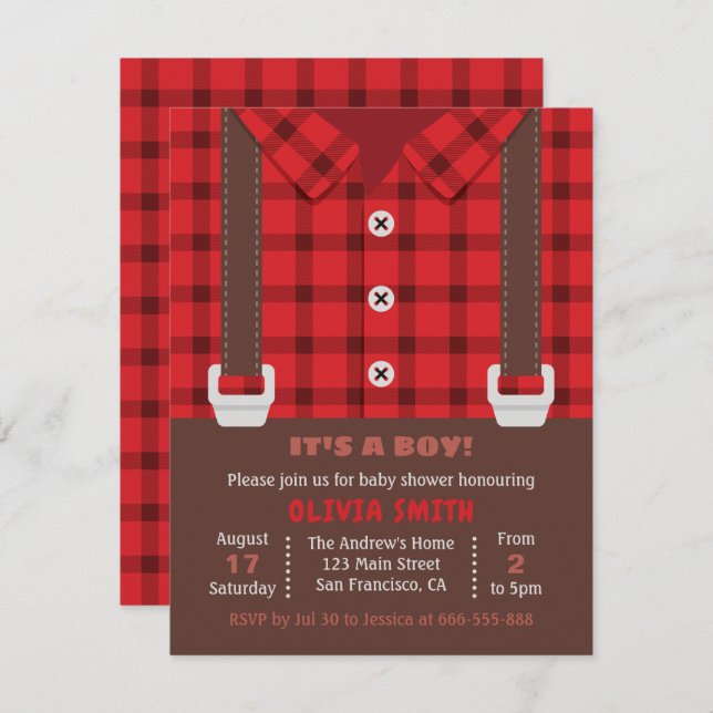 Lumberjack Red Buffalo Plaid Baby Boy Shower Invitation (Front/Back)