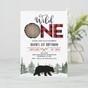 Lumberjack Red Buffalo Plaid Bear 1st Birthday Invitation