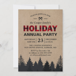 Lumberjack Red Buffalo Plaid Forest Holiday Party Invitation