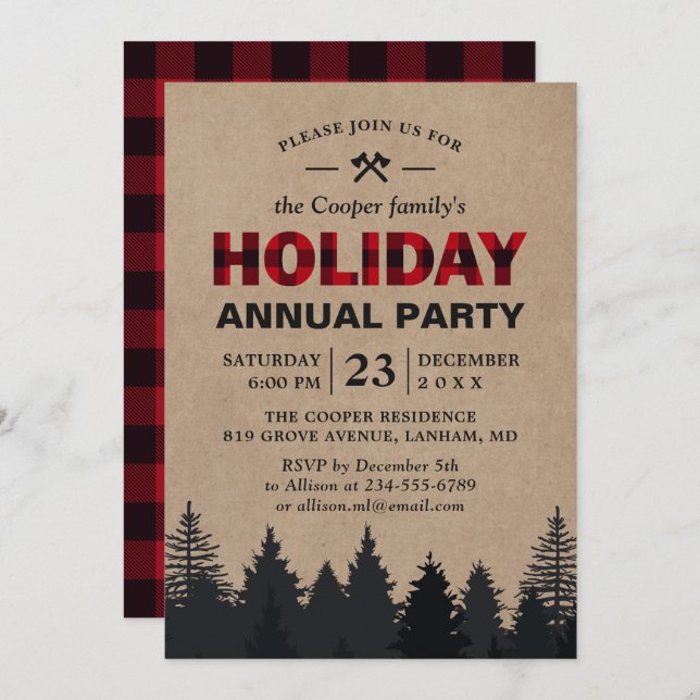Lumberjack Red Buffalo Plaid Forest Holiday Party Invitation (Front/Back)