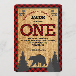 Lumberjack Rustic Buffalo Plaid First Birthday Invitation