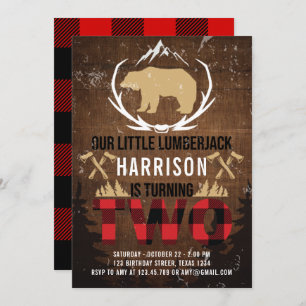 Lumberjack Second Birthday Wood Plaid Invitation