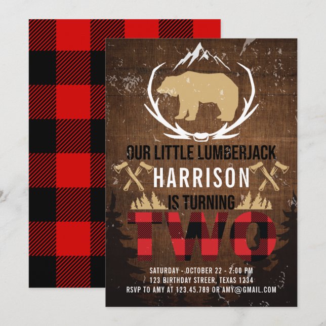 Lumberjack Second Birthday Wood Plaid Invitation (Front/Back)