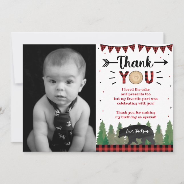 Lumberjack Wild One Bear Birthday Thank you Cards (Front)