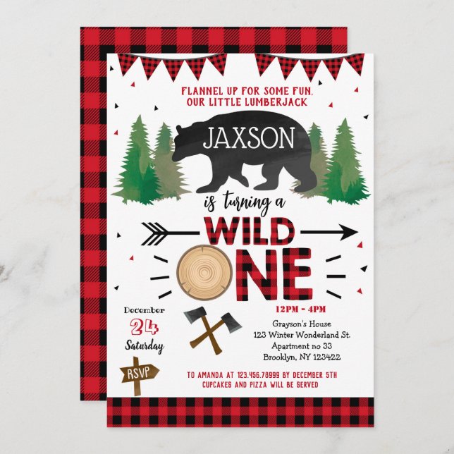 Lumberjack Wild One First Birthday Invitations (Front/Back)