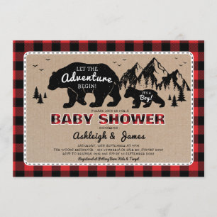 Lumberjack Woodland Bear Plaid Baby Shower Invitation