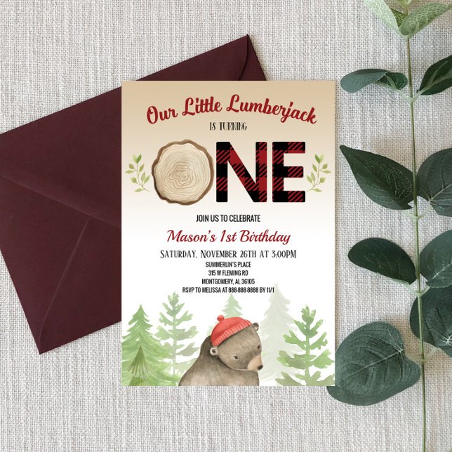 Lumberjack Woodland Forest Bear 1st Birthday Party Invitation (Creator Uploaded)