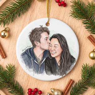 Lumilove Romantic Watercolor Couple Portrait Ceramic Tree Decoration