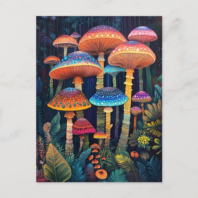 Luminescent Mushrooms Colourful Jungle Postcard (Front)