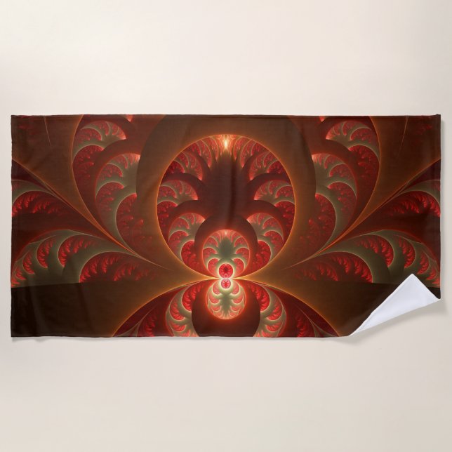 Luminous abstract modern orange red Fractal Beach Towel (Front)