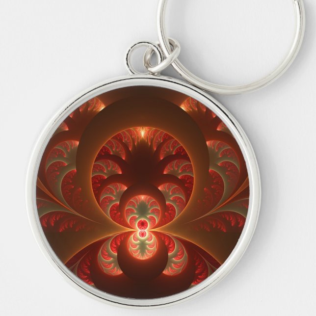 Luminous Abstract Modern Orange Red Fractal Key Ring (Front)