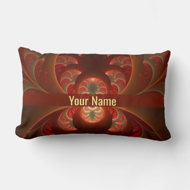 Luminous abstract modern orange red Fractal Name Lumbar Cushion (Front)