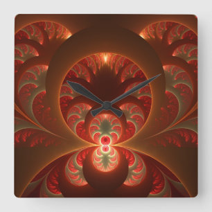 Luminous abstract modern orange red Fractal Square Wall Clock