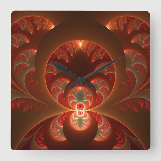 Luminous abstract modern orange red Fractal Square Wall Clock (Front)