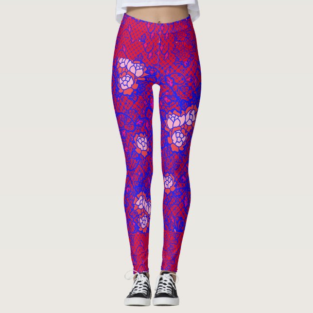 Luminous Blue net w flowers 01 Red BG Leggings (Front)
