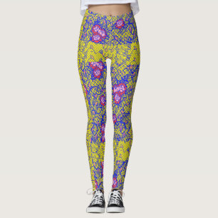 Luminous Blue net w flowers 01 Yellow BG Leggings