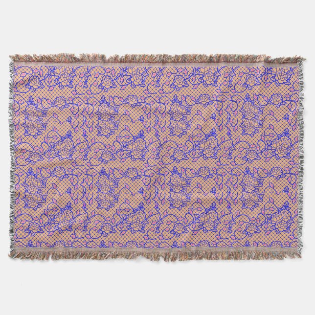 Luminous Blue net w flowers 02b LOrange BG Throw Blanket (Front)