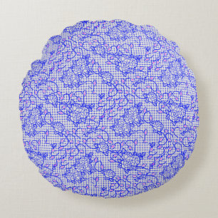 Luminous Blue net w flowers 02b Offwhite BG Round Cushion