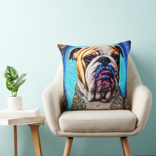 Luminous Bulldog Blue Ocean Wave Pointillism Cushion