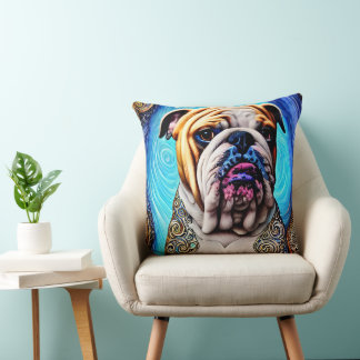 Luminous Bulldog Blue Ocean Wave Pointillism Cushion