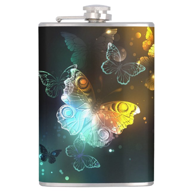 Luminous Butterfly and Night butterflies Hip Flask (Front)