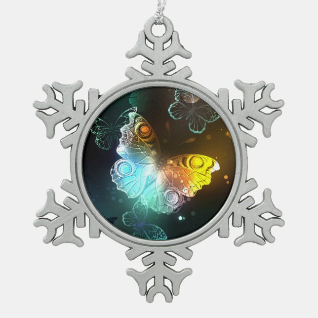 Luminous Butterfly and Night butterflies Snowflake Pewter Christmas Ornament (Front)
